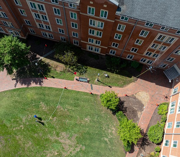 Ariel view of campus drone cleaning
