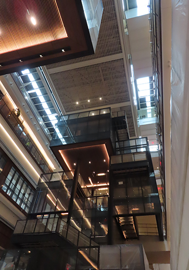 Stair tower with monorail above