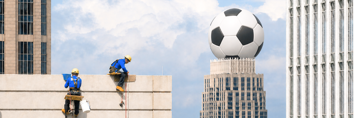 two workers on building facade with giant soccer ball on skyscraper